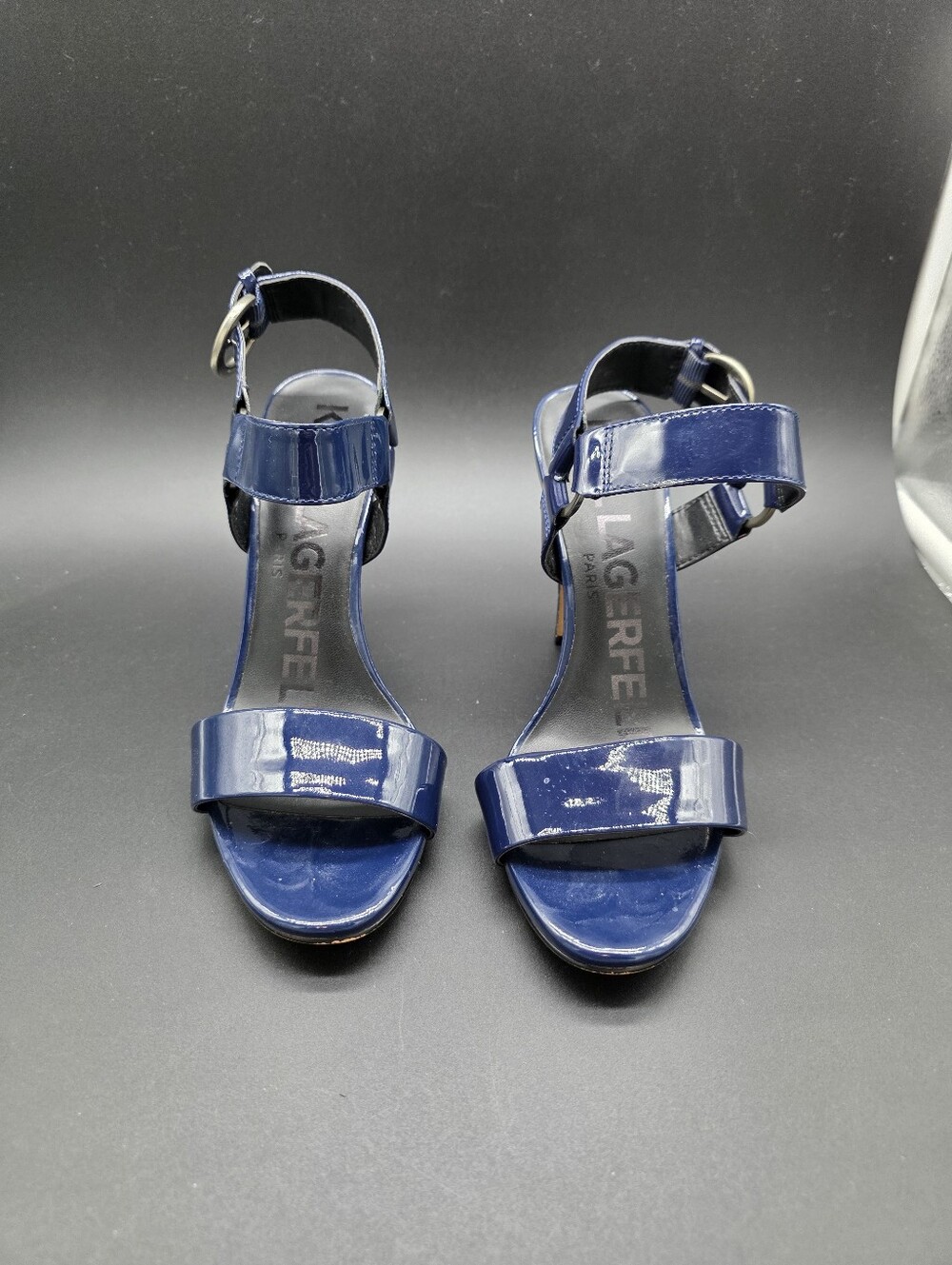Karl Lagerfeld Navy Patent Leather High Heel Sandals 37/US7 - Picture 3 of 5